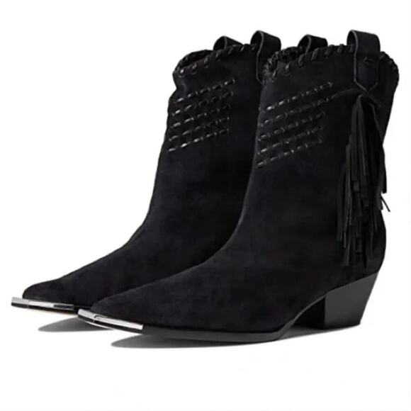 NEW $218 SCHUTZ Black Suede Fringe Western Pointed Toe Bootie - Picture 1 of 8